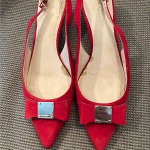 Cole Haan Red Suede Slingback Heels with Metal Bow Detail